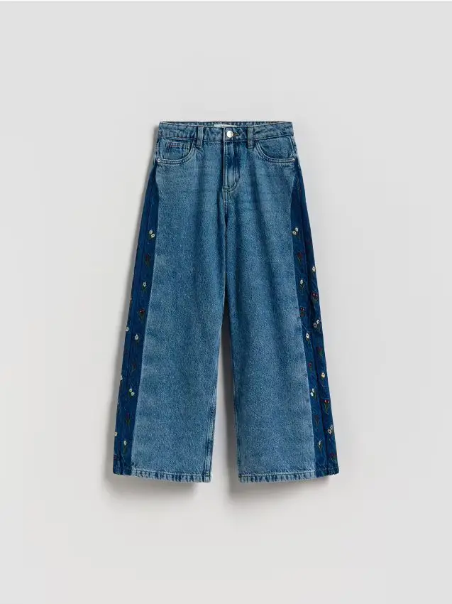 Jeans wide leg con ricamo - blu