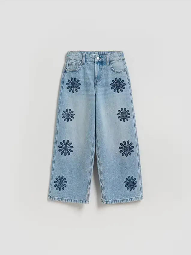 Jeans wide leg con ricamo - blu