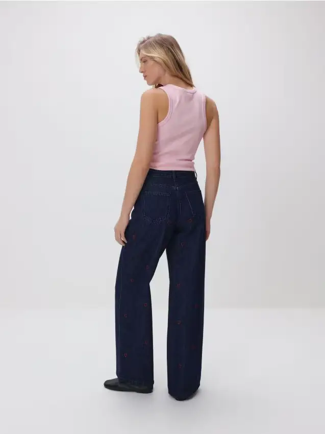 Jeans wide leg con ricamo - blu scuro