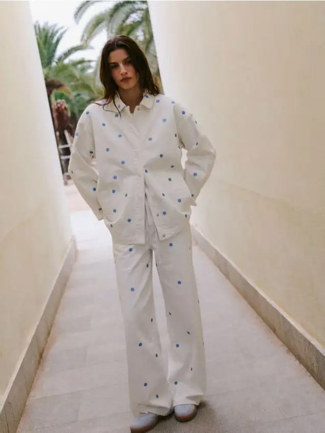 Jeans wide leg con ricamo - panna