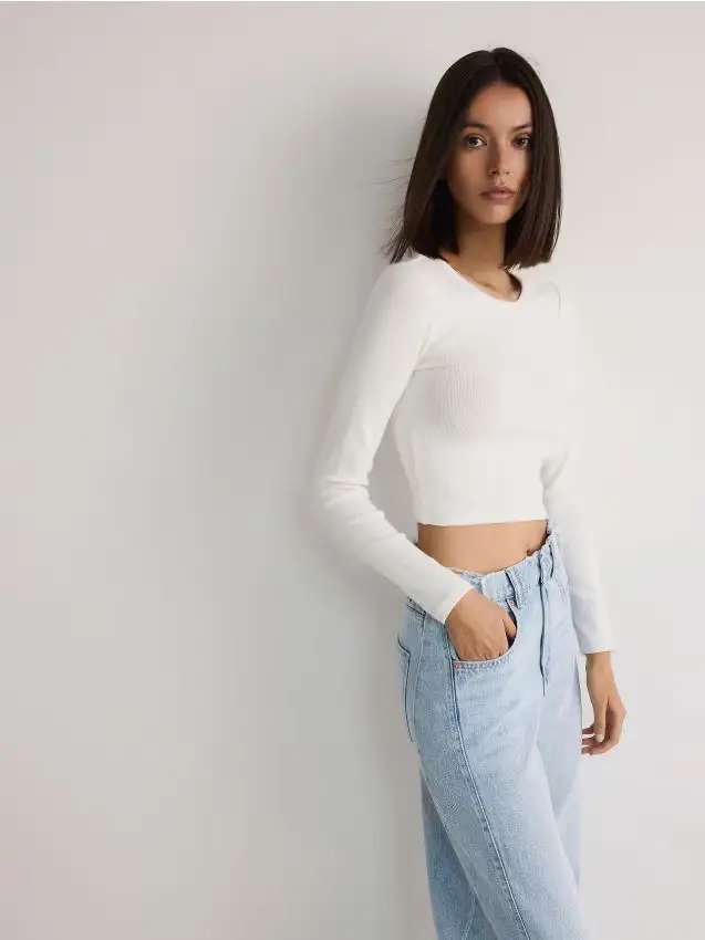 Maglia a maniche lunghe corta in cotone - bianco