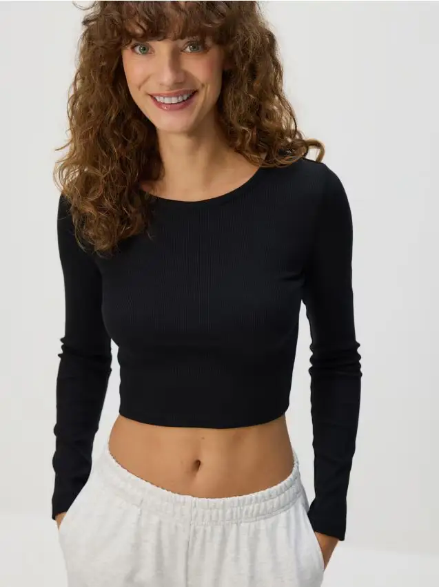 Maglia a maniche lunghe corta in cotone - nero