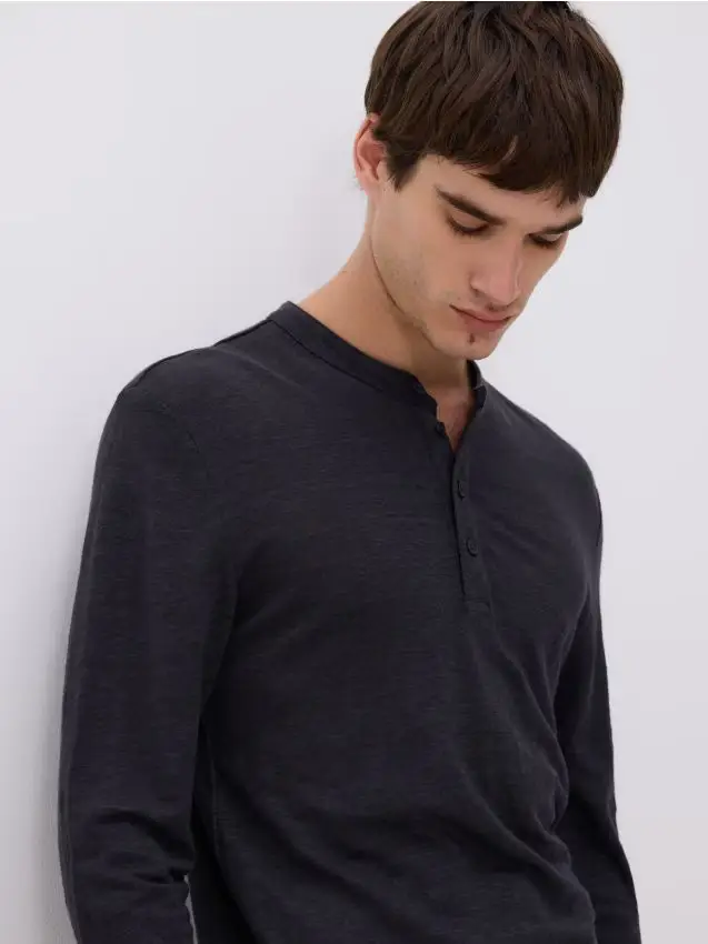 Maglia henley a maniche lunghe in lino - blu scuro