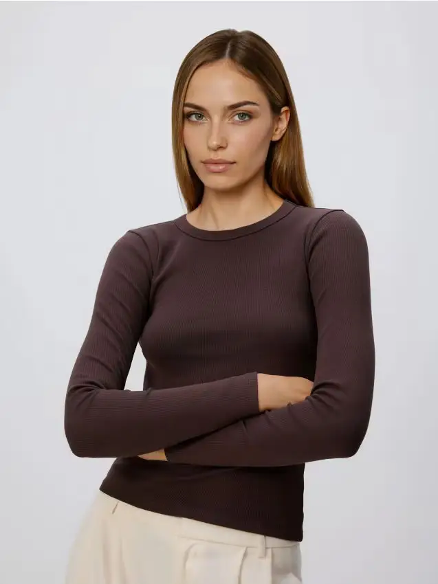 Maglietta a maniche lunghe a costine - marrone scuro