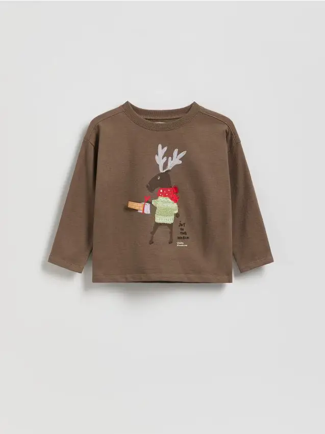 Maglietta a maniche lunghe natalizia con applicazione - marrone polveroso