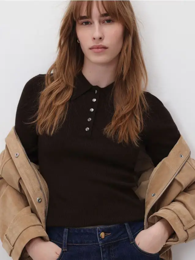 Maglione a polo in misto lana - marrone