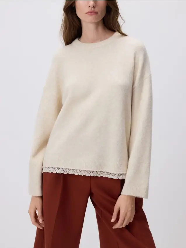 Maglione con bordo in pizzo - beige