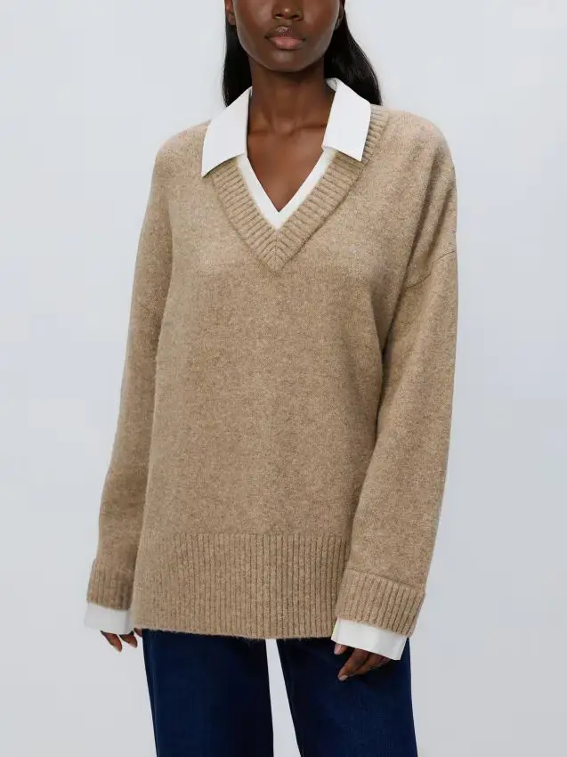 Maglione con colletto a camicia - beige