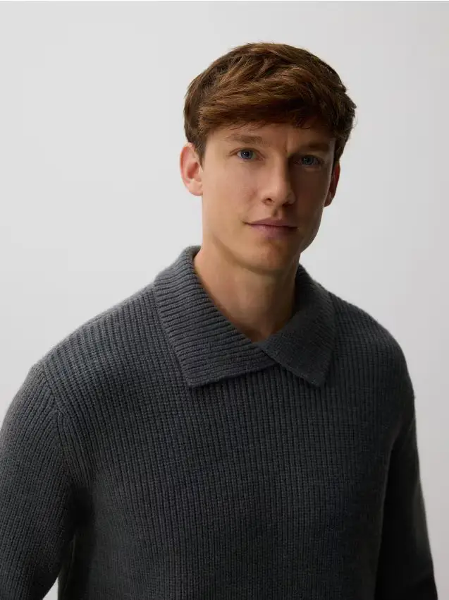 Maglione polo con inserti in lana - grigio medio