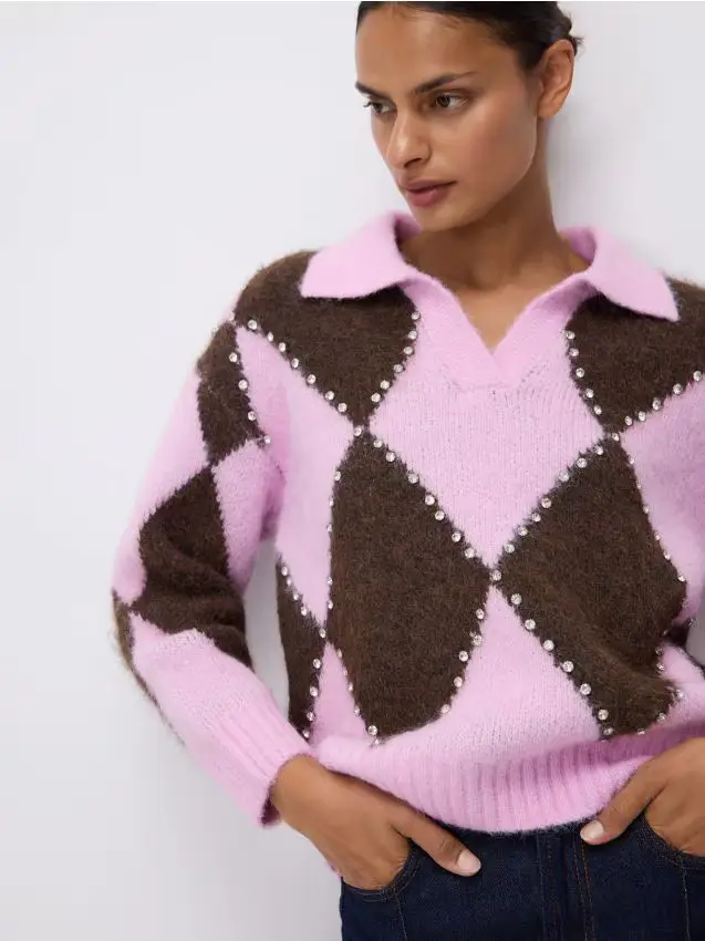 Maglione polo con motivo a rombi - multicolore