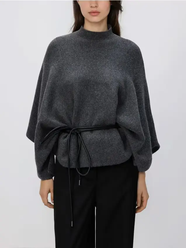 Maglione poncho con cintura - grigio scuro
