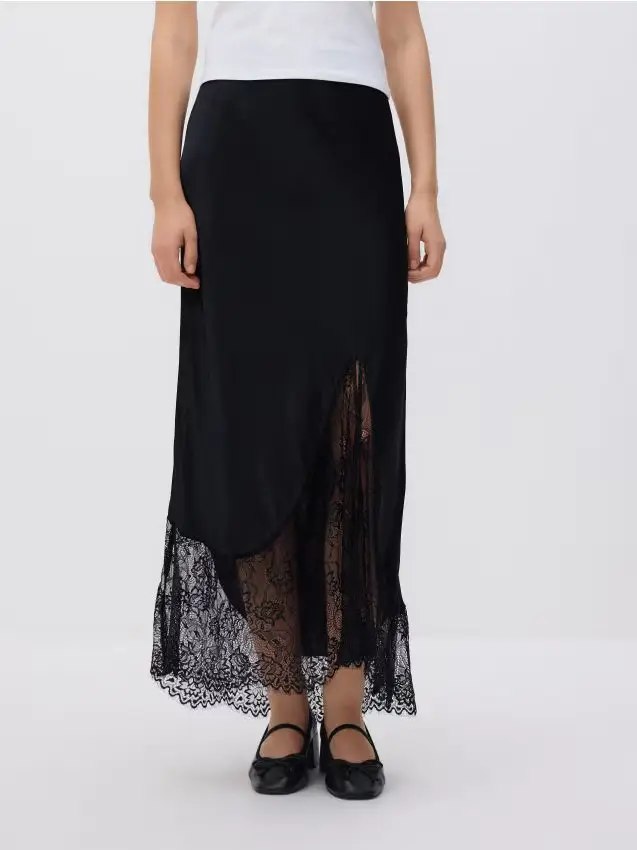 Maxi gonna con inserto in pizzo - nero