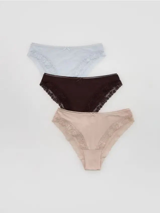 Reserved Mutandine in misto cotone con orlo in pizzo, confezione da 3 - beige