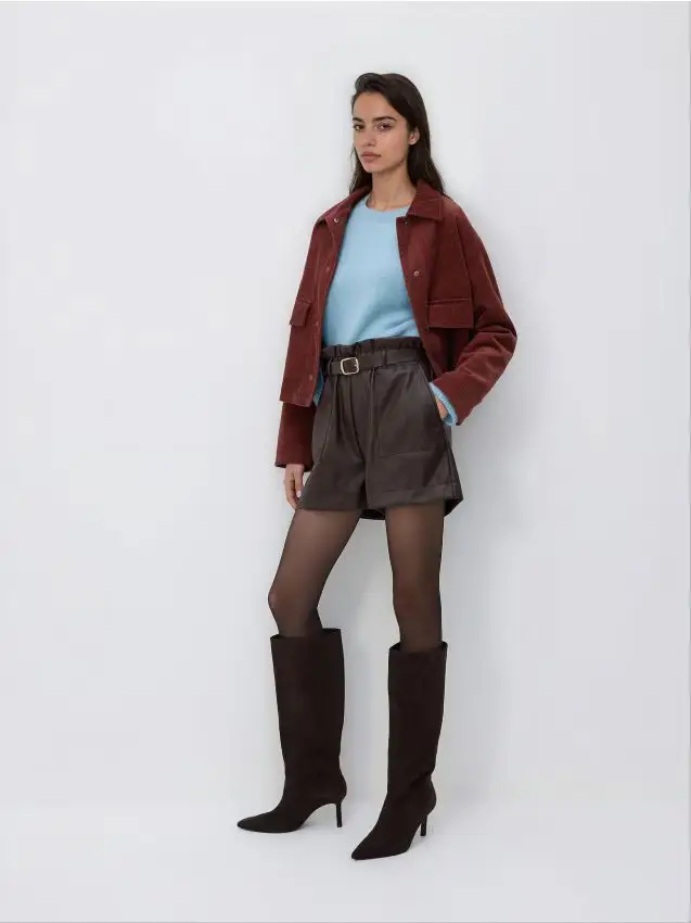 Pantaloncini in ecopelle con cintura - marrone scuro