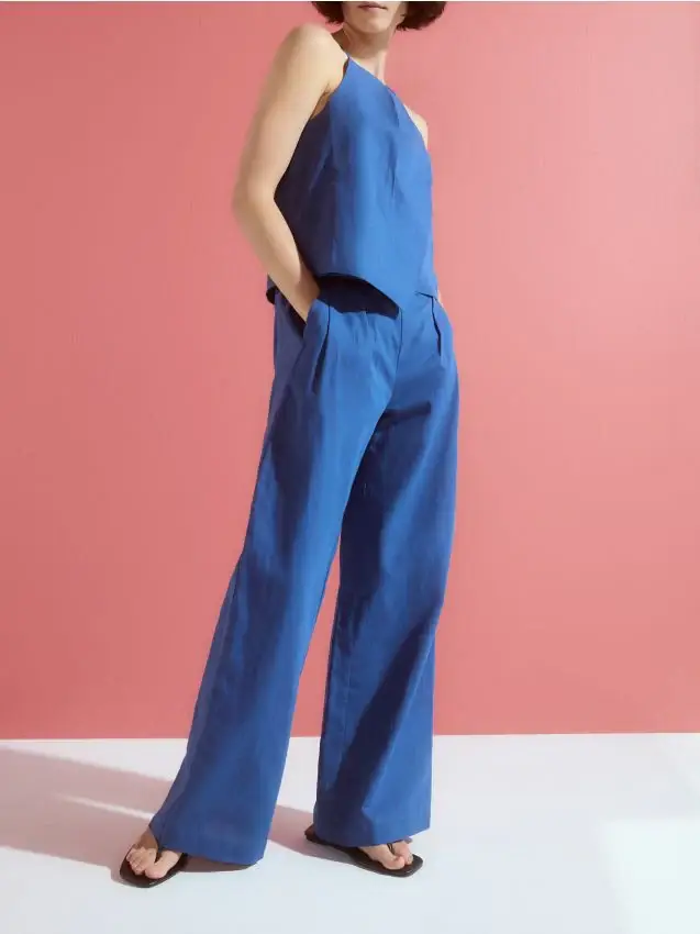 Pantaloni a gamba ampia in misto lino - blu