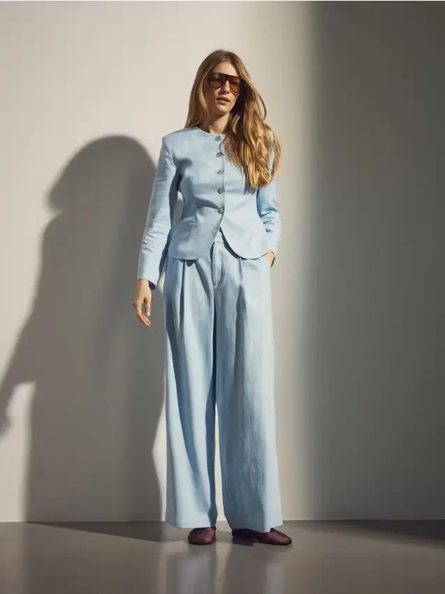 Pantaloni a gamba ampia in misto lino - blu pallido