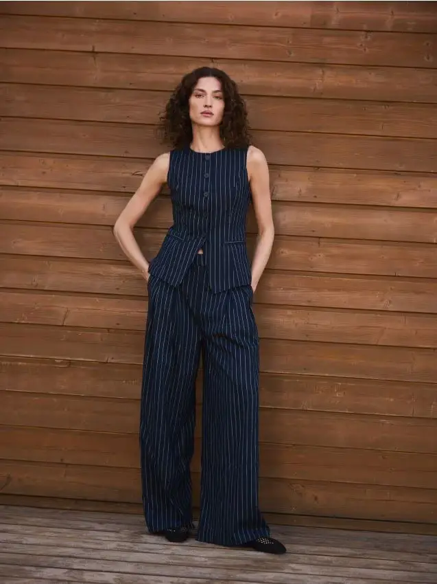 Pantaloni a gamba ampia in misto lino - blu scuro