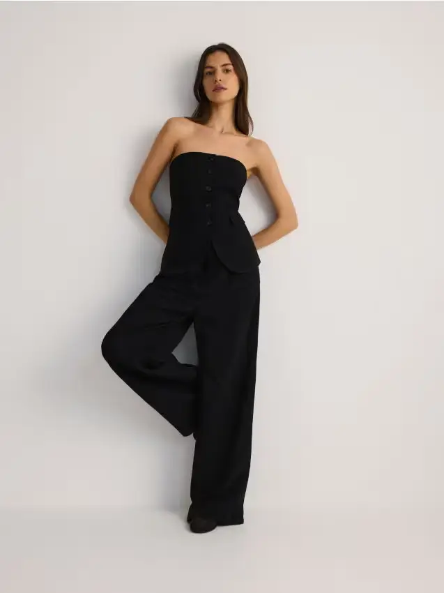 Pantaloni a gamba ampia in misto lino - nero