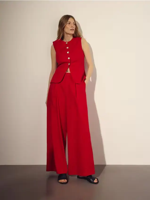 Pantaloni a gamba ampia in misto lino - rosso