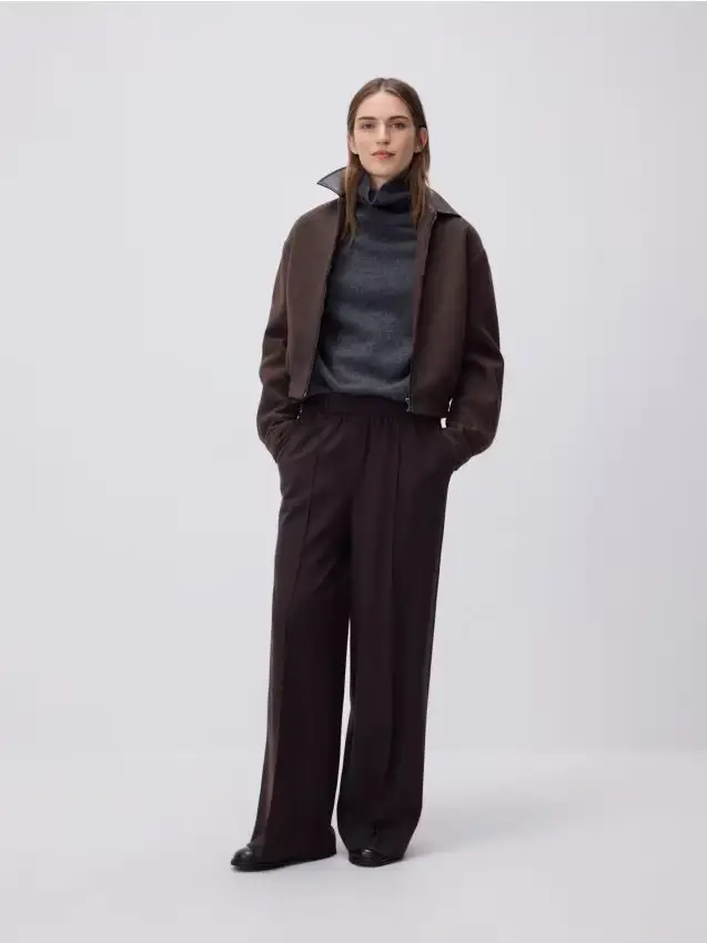 Pantaloni gamba larga wide leg con piega - marrone scuro