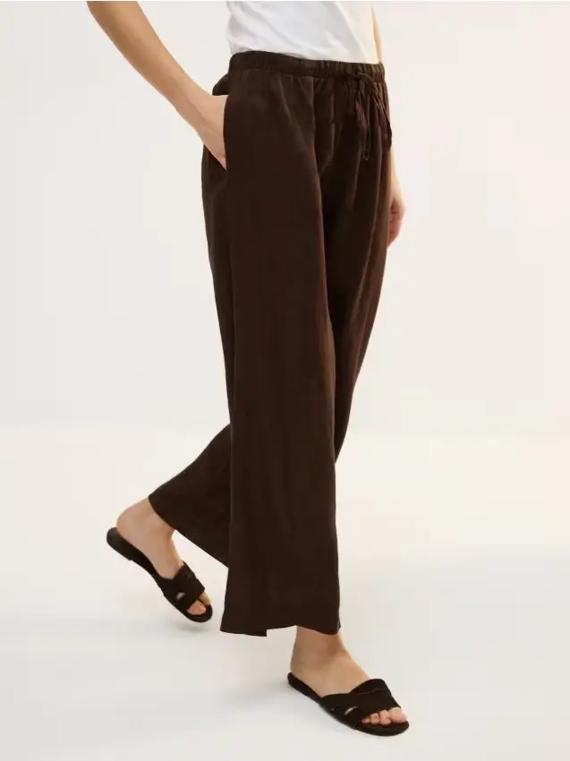 Pantaloni in lino con laccio - marrone scuro