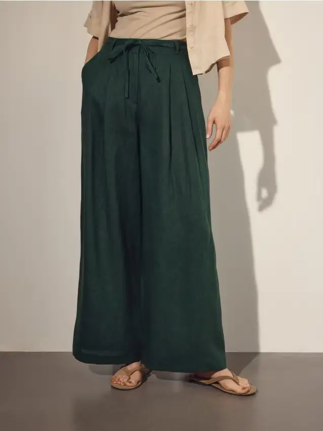 Pantaloni in lino con laccio - verde acciaio
