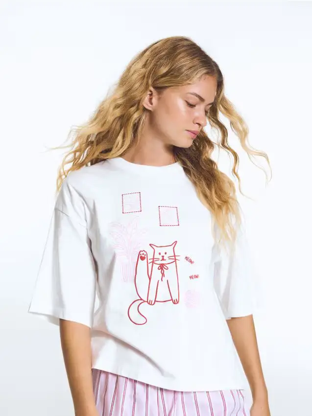 Pigiama due pezzi con gatto - rosa