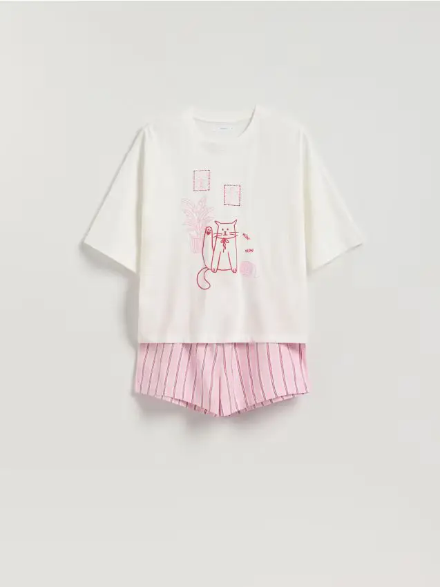 Pigiama due pezzi con gatto - rosa