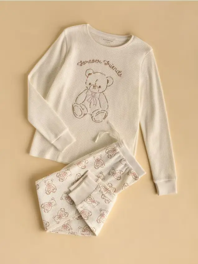 Pigiama due pezzi con ricamo - panna