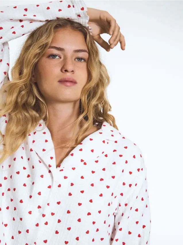 Pigiama in mussola a cuori - panna