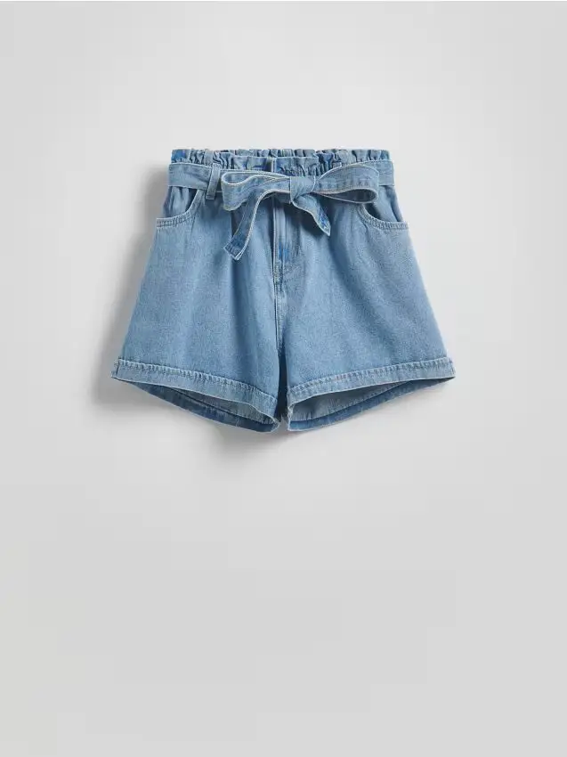 Shorts di jeans paperbag con cintura - blu