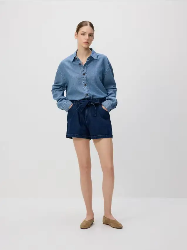 Shorts di jeans paperbag con cintura - blu scuro