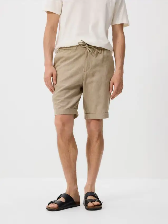 Shorts regular con lino - verde oliva chiaro
