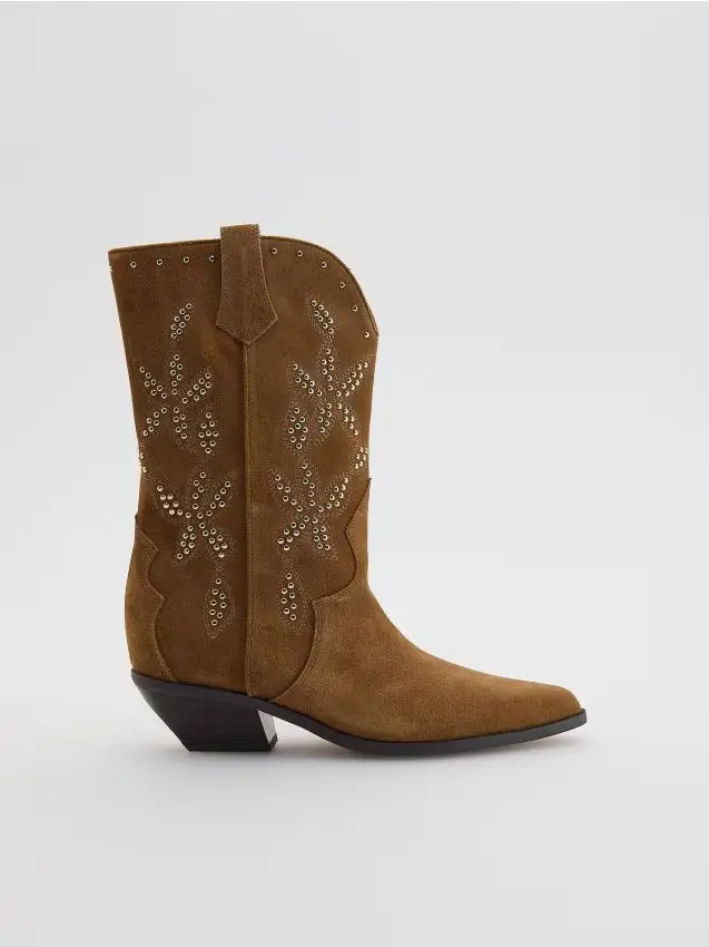 Stivaletti cowboy in suede con dettagli metallici - marrone dorato