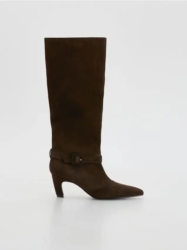 Stivali alti in pelle con tacco - marrone scuro