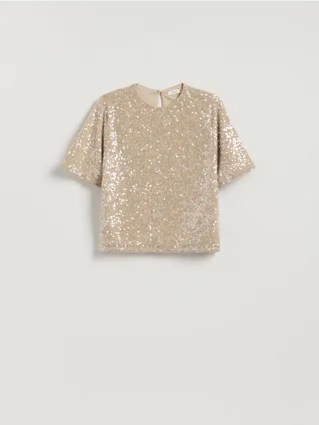 T-shirt boxy con paillettes - nude