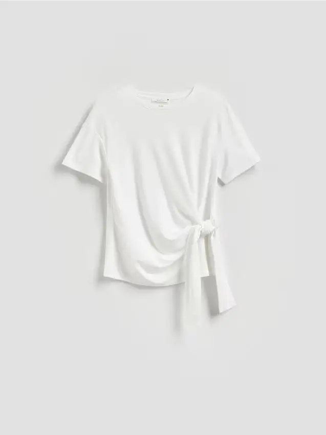 T-shirt con dettaglio decorativo a fiocco - panna