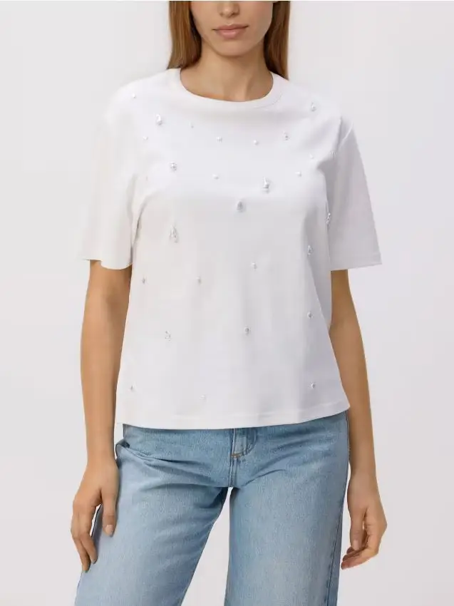 T-shirt con perle finte - bianco
