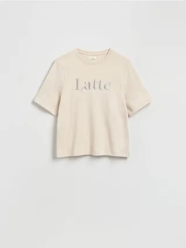 T-shirt con slogan ricamato - beige