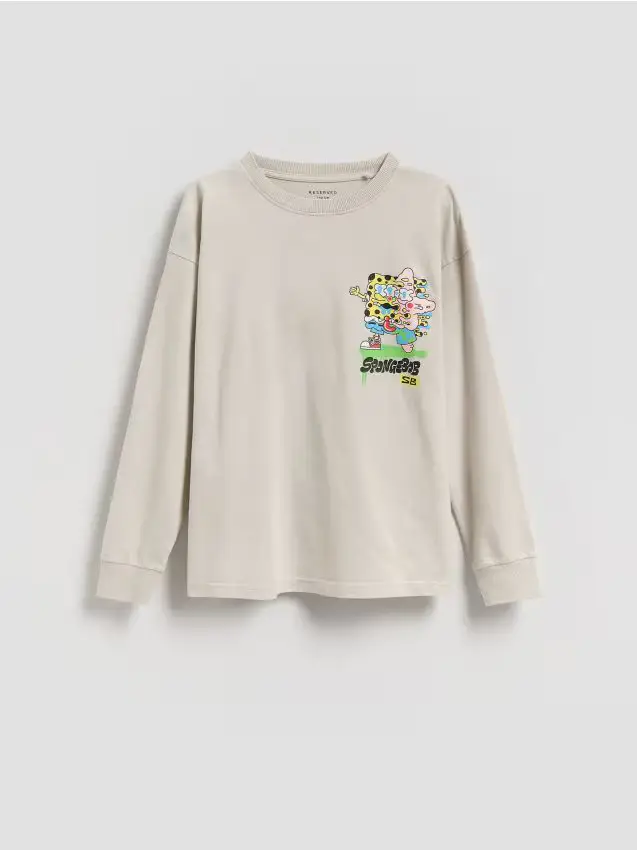 T-shirt in cotone a maniche lunghe SpongeBob - grigio chiaro