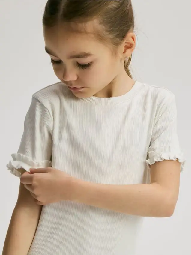 T-shirt in cotone con dettagli a volant - panna