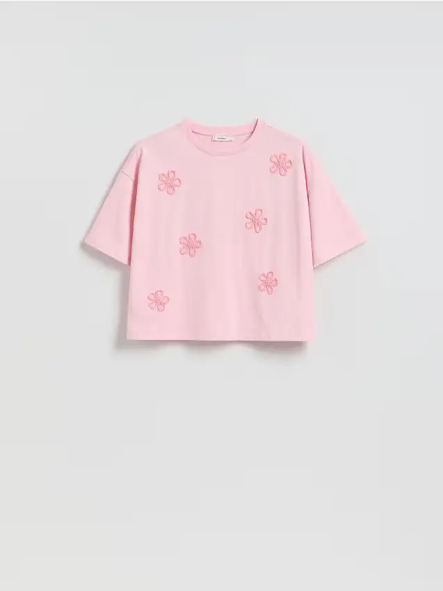 T-shirt in cotone con ricamo - rosa pastello