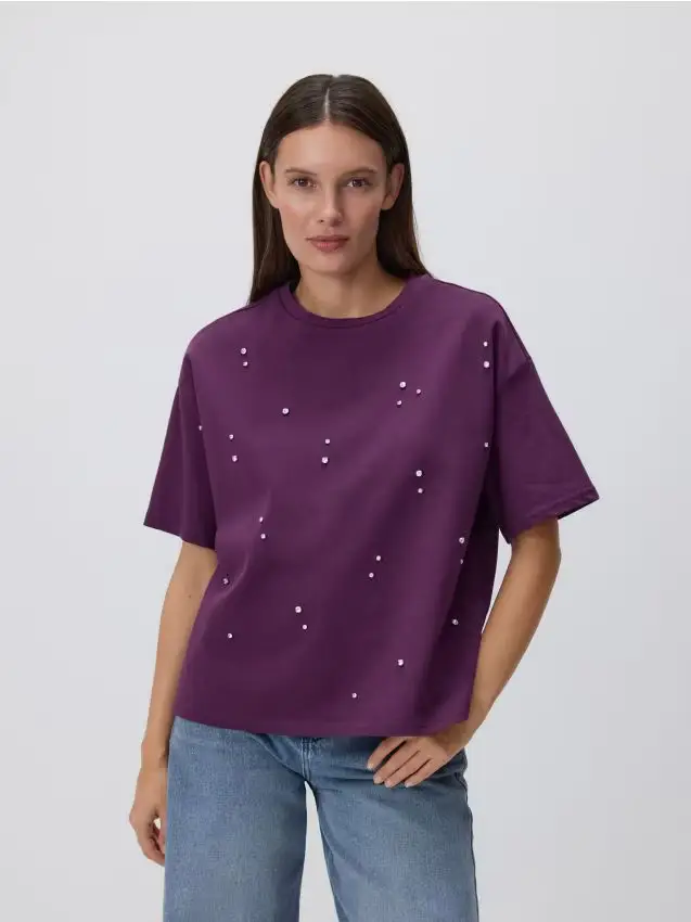 T-shirt in cotone con ricamo - viola scuro