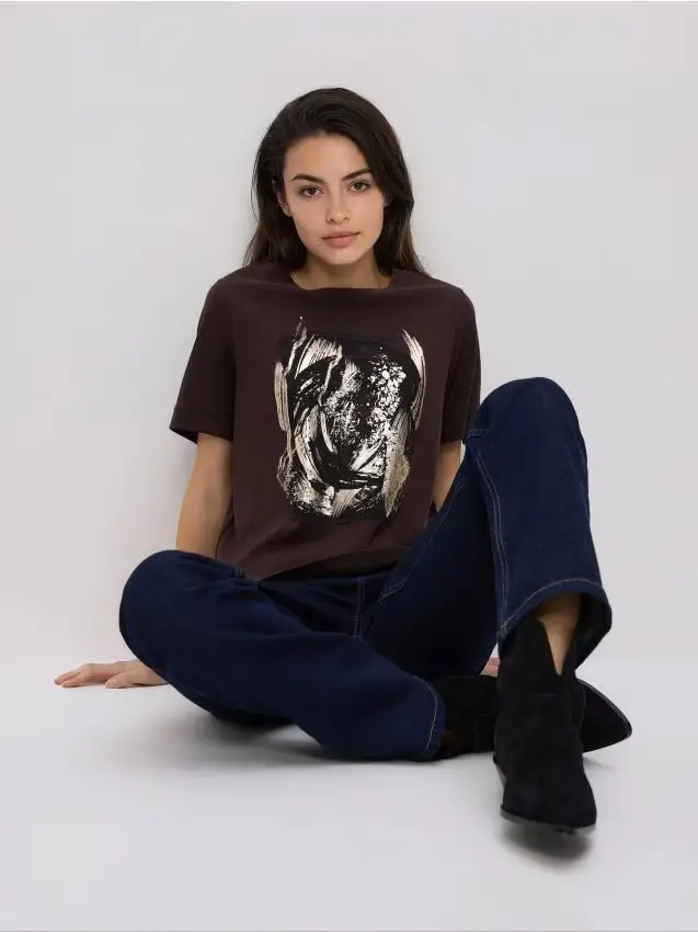 T-shirt in cotone stampato - marrone scuro