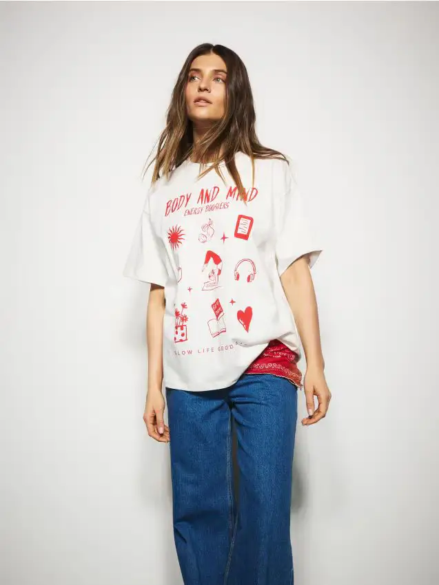 T-shirt loose con stampa - panna