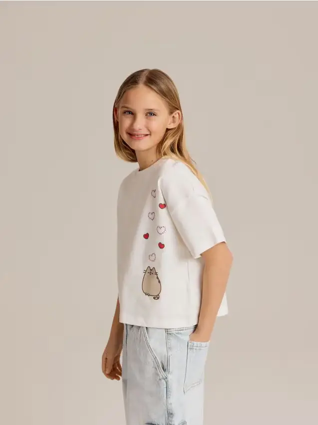 T-shirt Pusheen in cotone - panna