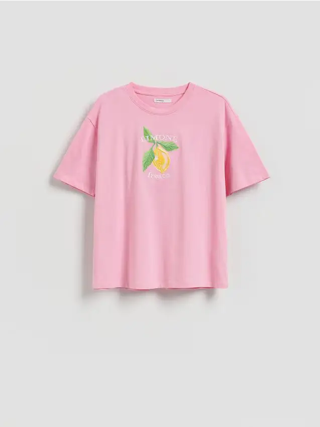 T-shirt stampata con ricamo - rosa