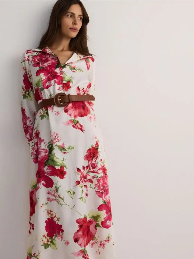 Vestito camicia midi con cintura - multicolore