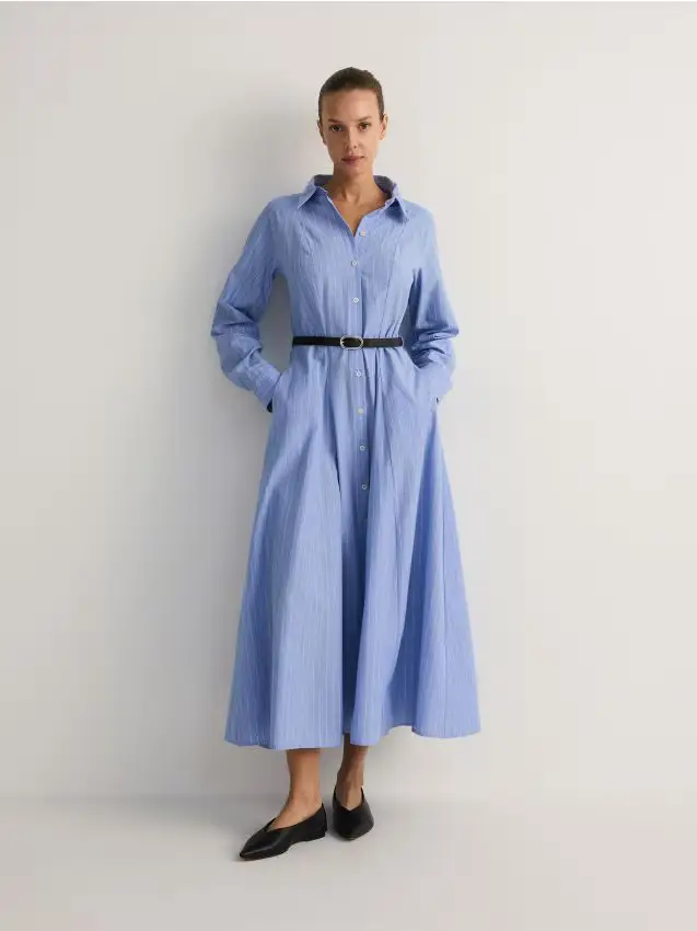 Vestito camicia midi con cintura - multicolore