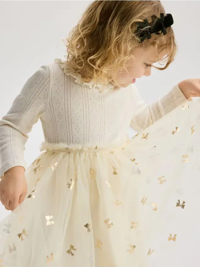 Vestito di cotone con orlo in tulle - nude